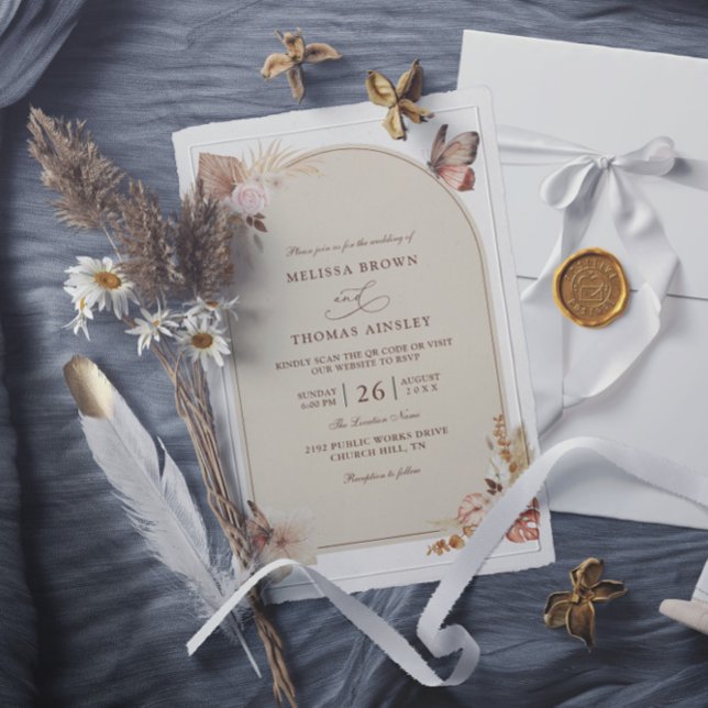 Invitation Boho Flowers Elegant Modern Budget QR Code Wedding (Créateur téléchargé)