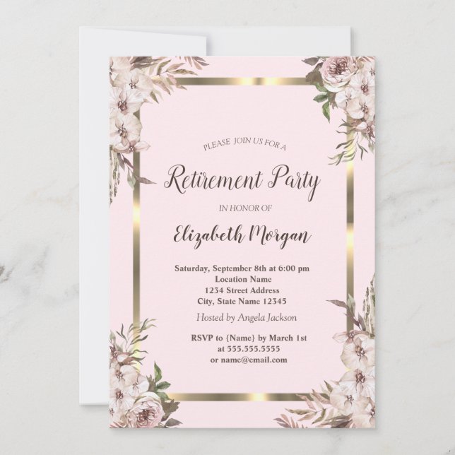 Invitation Boho Flowers Gold Frame Blush Pink Retirement (Devant)