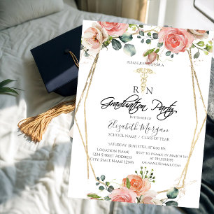 Invitation Boho Flowers Gold Frame RN Nurse Graduation Party