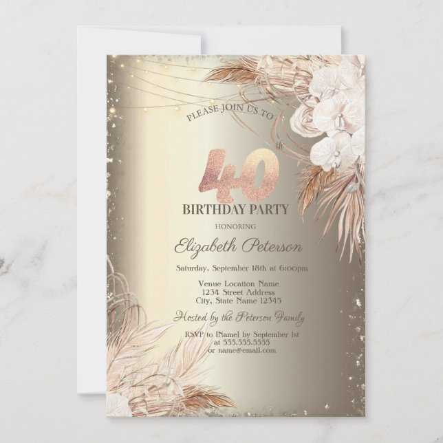 Invitation Boho Flowers,Lights Glitter Frame Gold 40th  (Devant)