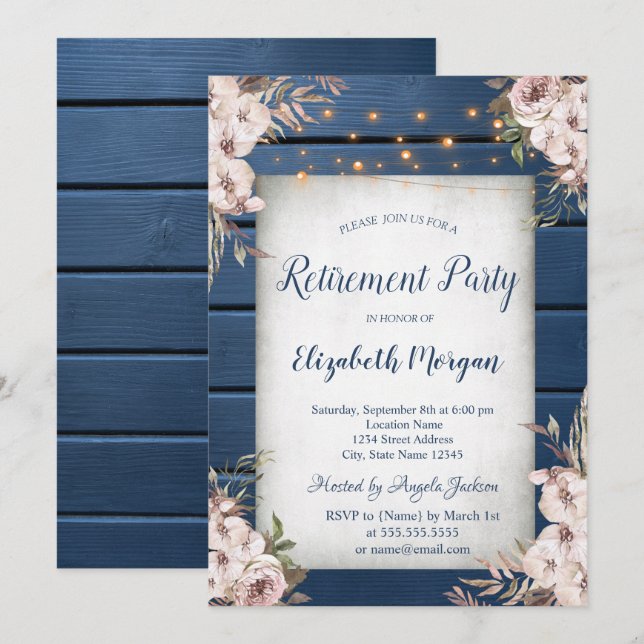 Invitation Boho Flowers Marine Bleu Bois Retraite (Devant / Derrière)