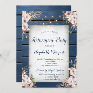 Invitation Boho Flowers Marine Bleu Bois Retraite