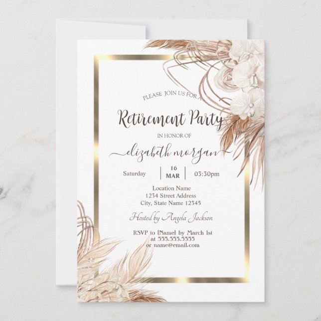 Invitation Boho Flowers Pampas Grass Gold Frame Retirement (Devant)