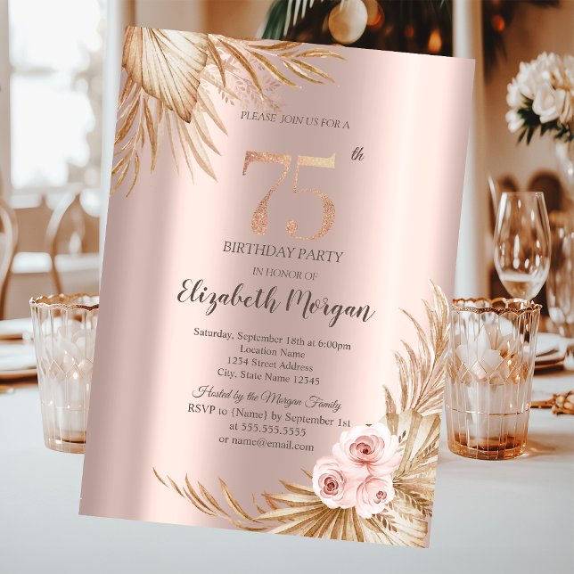 Invitation Boho Flowers Pampas Rose or 75e anniversaire (Créateur téléchargé)