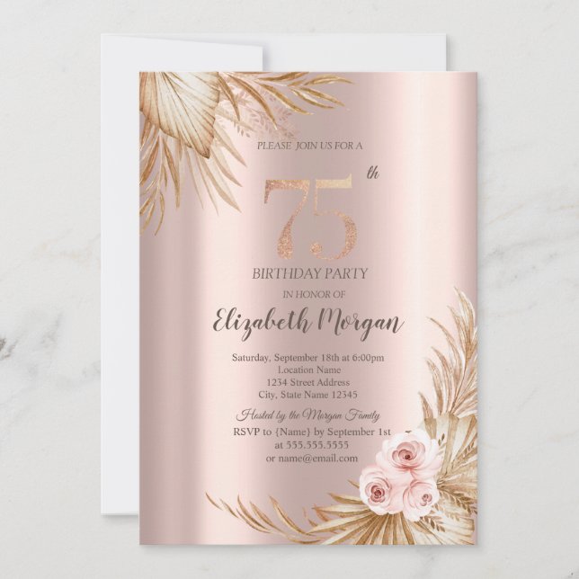 Invitation Boho Flowers Pampas Rose or 75e anniversaire (Devant)