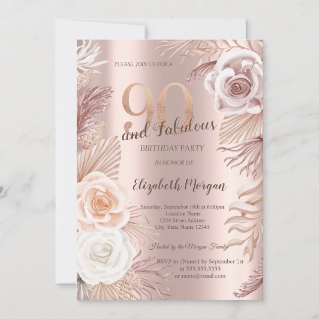 Invitation Boho Flowers Rose Gold 90th Birthday Party (Devant)