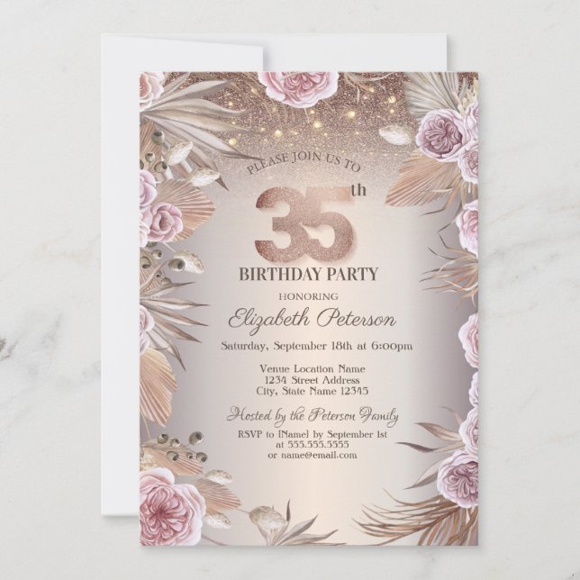 Invitation Boho Flowers, String Lights Bokeh 35e anniversaire (Devant)