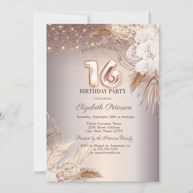 Invitation Boho Flowers, String Lights Parties scintillant 16 (Devant)
