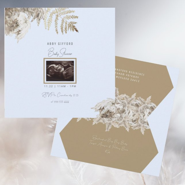 Invitation Boho Foliage Ultrasound Blue Baby shower Invitatia (Créateur téléchargé)