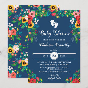 Invitation Boho Folk Flowers Footprints Baby shower