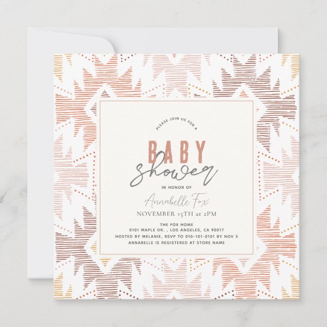 Invitation Boho Folk Textile Dusty Rose Baby shower fille (Devant)