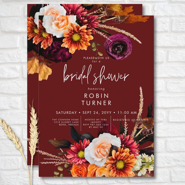 Invitation Boho foncé roux Fête des mariées de rouille floral (Dark Russet Boho Floral Rust Bridal Shower Invitation)