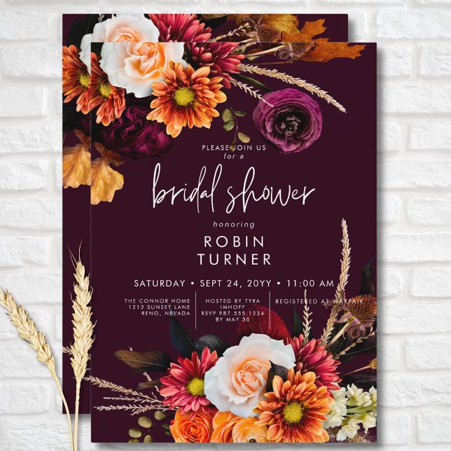 Invitation Boho foncé Russet Floral Bourgogne Fête des mariée (Dark Russet Boho Floral Burgundy Bridal Shower Invitation)