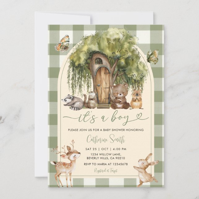 Invitation Boho forest wild animals baby shower Green Gingham (Devant)