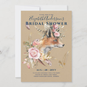 Invitation Boho FOX Fête des mariées Plumes de bois Floral