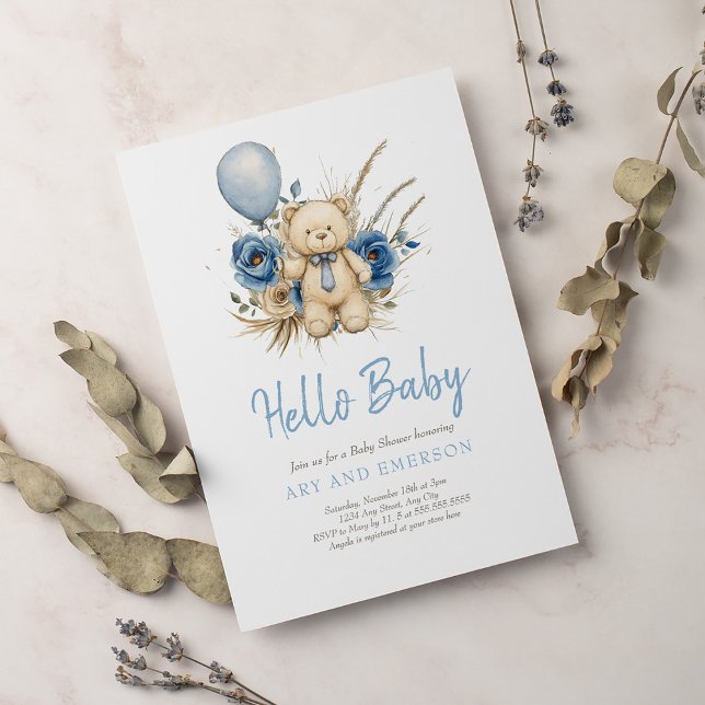Invitation Boho Garçon Ours en Peluche Bleu Ours à Peine Atte (Créateur téléchargé)