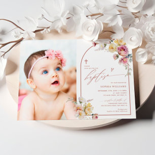 Invitation Boho Garden Fleurs Roses Photo Girl Baptism