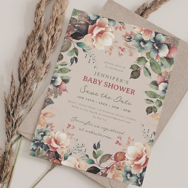 Invitation Boho Garden Floral Baby shower Économisez Date Cha (Boho Garden Floral Baby Shower Save Date Champagne Invitation)