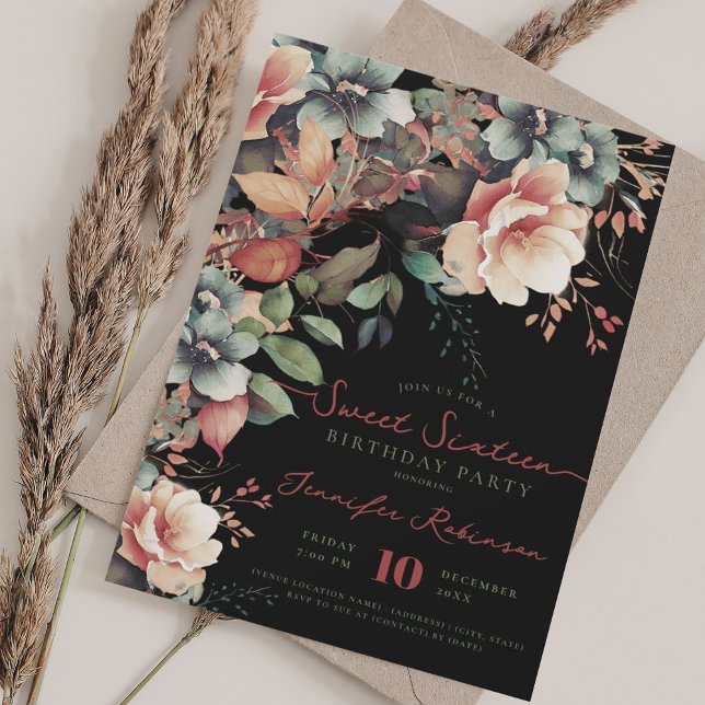 Invitation Boho Garden Floral Sweet 16 Anniversaire Noir (Boho Garden Floral Sweet 16 Birthday Black Invitation)