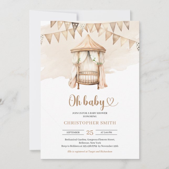 Invitation Boho genre neutre bébé brun et ivoire bronzé (Devant)
