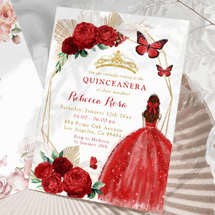 Invitation Boho Géométrique Or et Roses Rouges Quinceañera