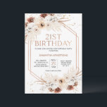 Invitation Boho géométrique rose or Floral 21e anniversaire<br><div class="desc">Rose Gold Geometry Boho Floral 21st Birthday Invitation Sweet faux rose or cadre bohème 21st anniversaire invitation avec deux tons naturels et arrangements floraux marron ou terracotta avec l'herbe de pampas. L'en-tête est une image en or rose qui peut être enlevée. Cette invitation de 21e anniversaire boho floral est idéale...</div>