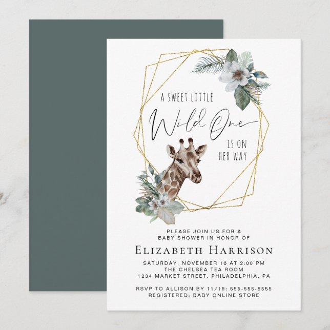 Invitation Boho Giraffe Baby shower d'aquarelle florale (Devant / Derrière)
