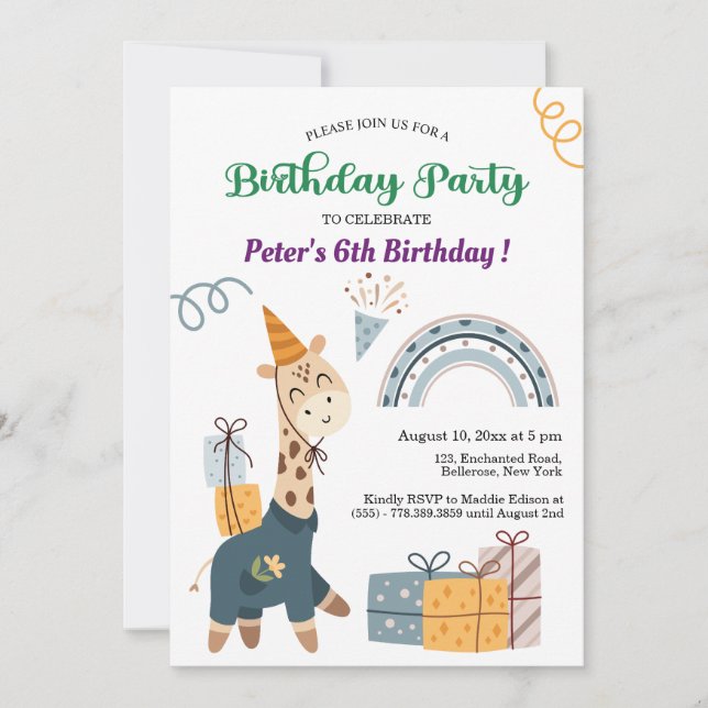 Invitation Boho Giraffe Blue Rainbow 6e anniversaire (Devant)