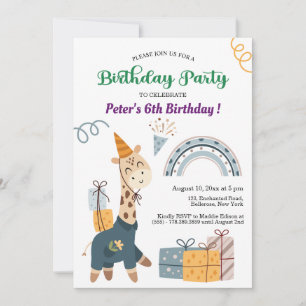 Invitation Boho Giraffe Blue Rainbow 6e anniversaire