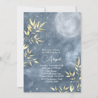 Invitation Boho Glam Blue, Argent, Pleine lune d'or Anniversa