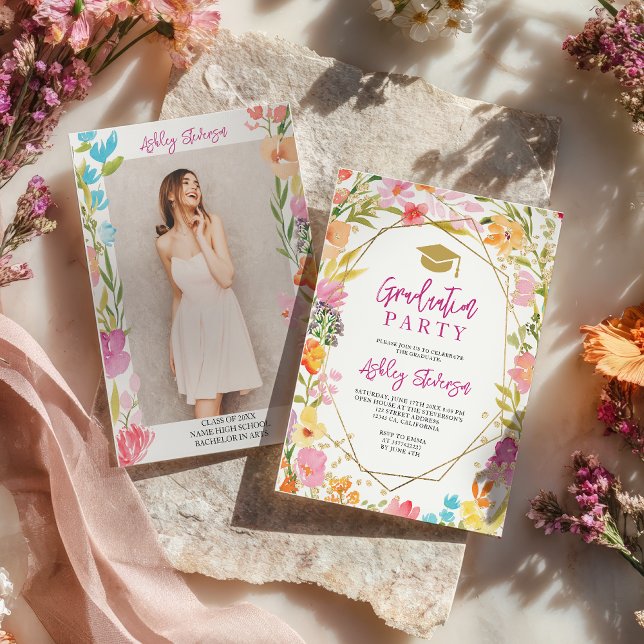 Invitation Boho glitter floral watercolor photo graduation (Boho glitter floral watercolor photo graduation invitation)