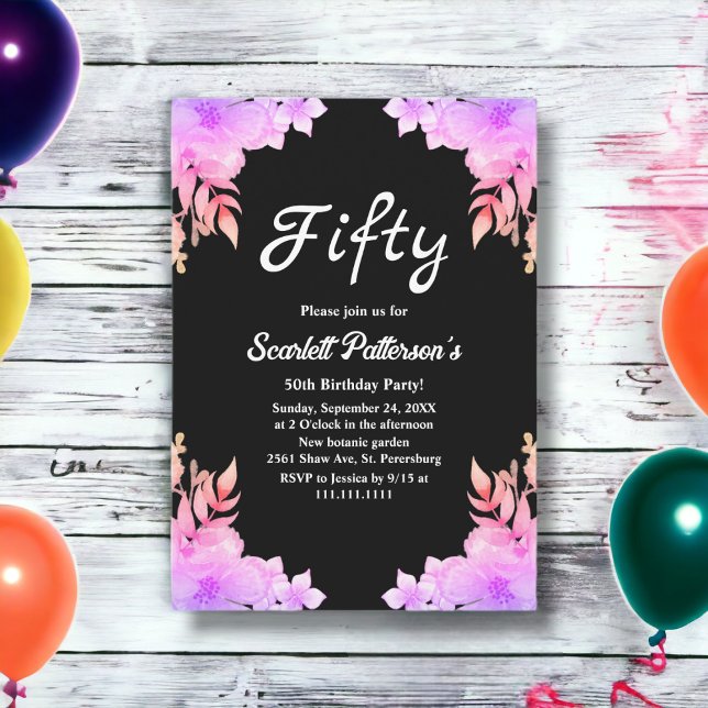 Invitation Boho Glow Neon Couleurs Black Floral 50e anniversa (Créateur téléchargé)