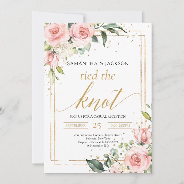 Invitation Boho Gold cadre bleu rose floral noué (Devant)