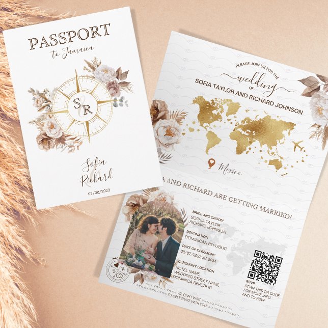 Invitation Boho Gold Destination Mariage Code QR (Boho flowers with compass and monogram passport)