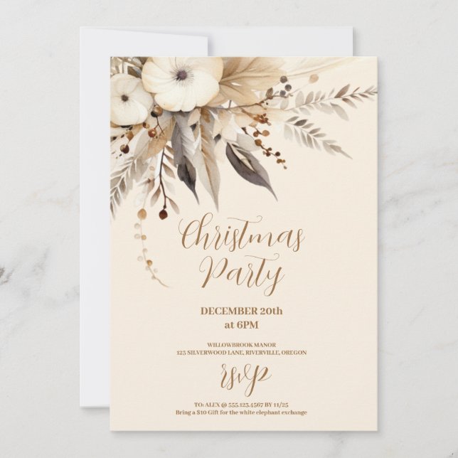 Invitation Boho Gold Floral Noël Party (Devant)