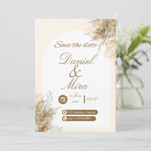 Invitation Boho Gold Pampas Arch Fully Editable Wedding  (Debout devant)
