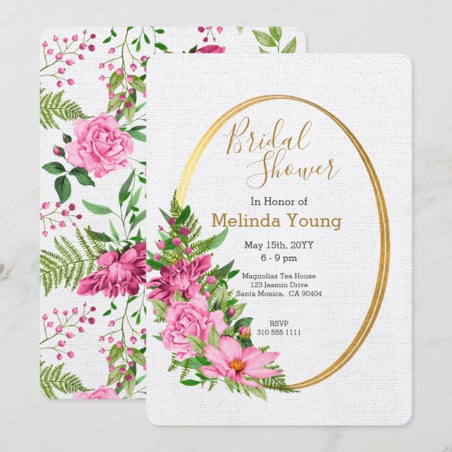 Invitation Boho Gold Rose Aquarelle Fête des mariées florale (Devant / Derrière)