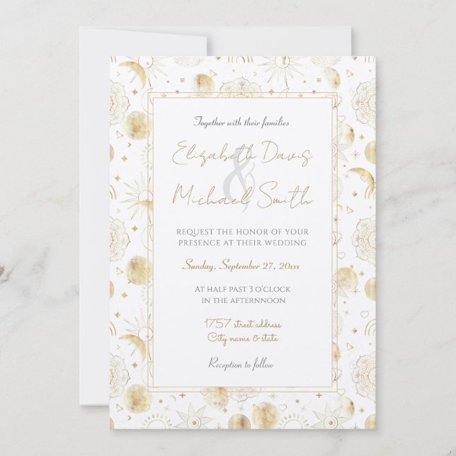 Invitation Boho Gold Space doodles Design blanc (Devant)