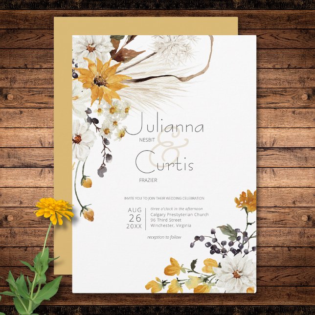 Invitation Boho Golden Yellow Meadow Fleurs Or Mariage (Boho Golden Yellow Meadow Flowers Gold Wedding Invitation)