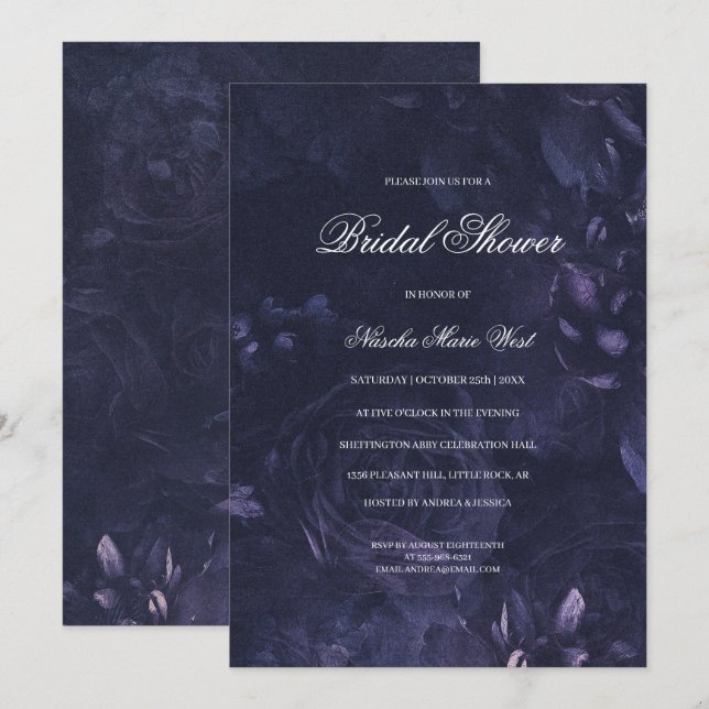 Invitation Boho gothique foncé violet Fête des mariées floral (Devant / Derrière)