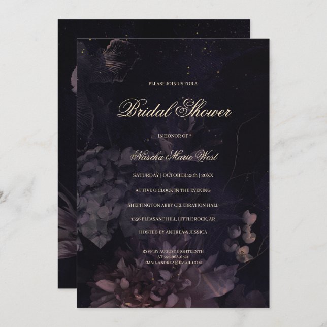 Invitation Boho gothique foncé violet Fête des mariées floral (Devant / Derrière)