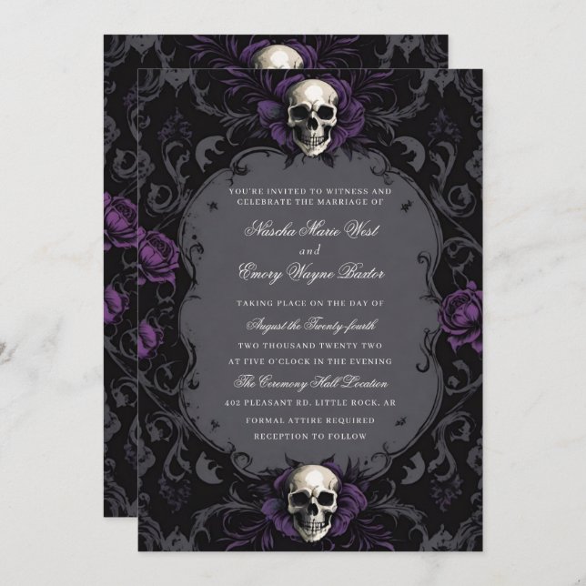 Invitation Boho gothique foncé violet Mariage crâne floral (Devant / Derrière)