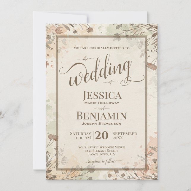 Invitation Boho Grasses & Wildflowers Stylish Script Wedding (Devant)