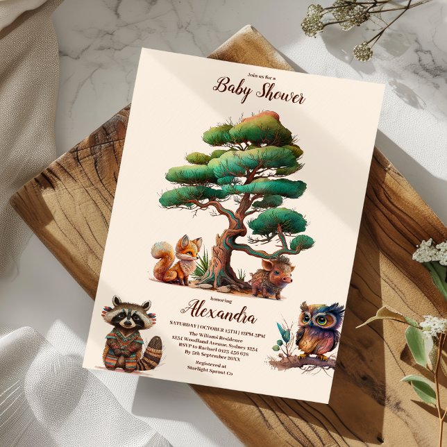 Invitation Boho Green Baby shower d'animaux de bois (Créateur téléchargé)