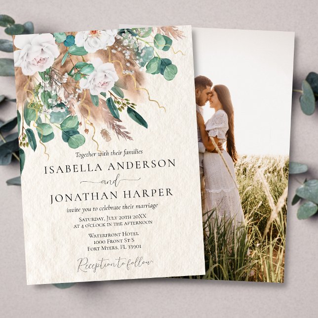Invitation Boho Green Eucalyptus Beige Pampas Mariage photo (Créateur téléchargé)