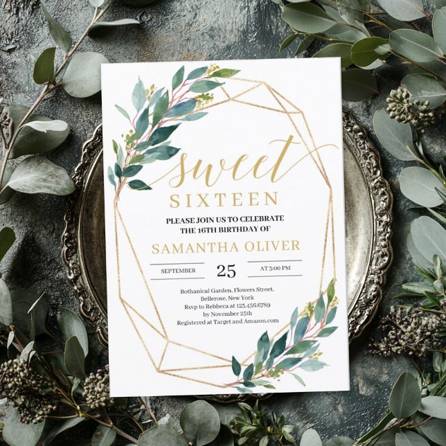 Invitation Boho Green eucalyptus or cadre sweet sixteen (Boho Greenery eucalyptus gold frame sweet sixteen Invitation)