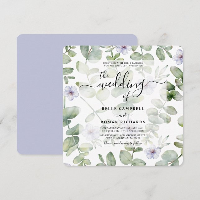 Invitation Boho Green Eucalyptus & Purple Floral Mariage (Devant / Derrière)