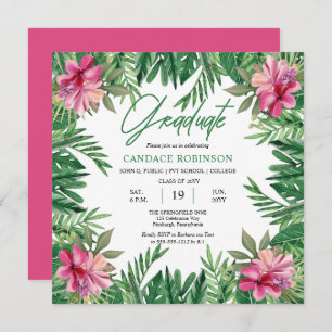 Invitation Boho Green Feuilles   Pink Hibiscus Graduus Party