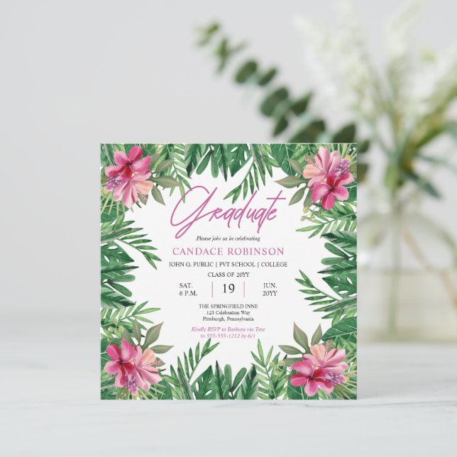 Invitation Boho Green Feuilles | Pink Hibiscus Graduus Party (Debout devant)