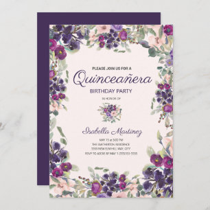 Invitation Boho Green Feuilles violet rose Floral Quinceañera